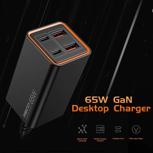 Recci Desktop Charger 65W GaN 4 Ports PD+QC3.0 For Laptop and Mobile